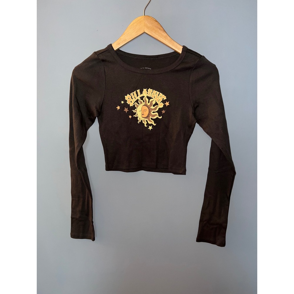 Billabong Womens Sun‎ Moon Graphic Crop Top Black Long Sleeve Ribbed XS